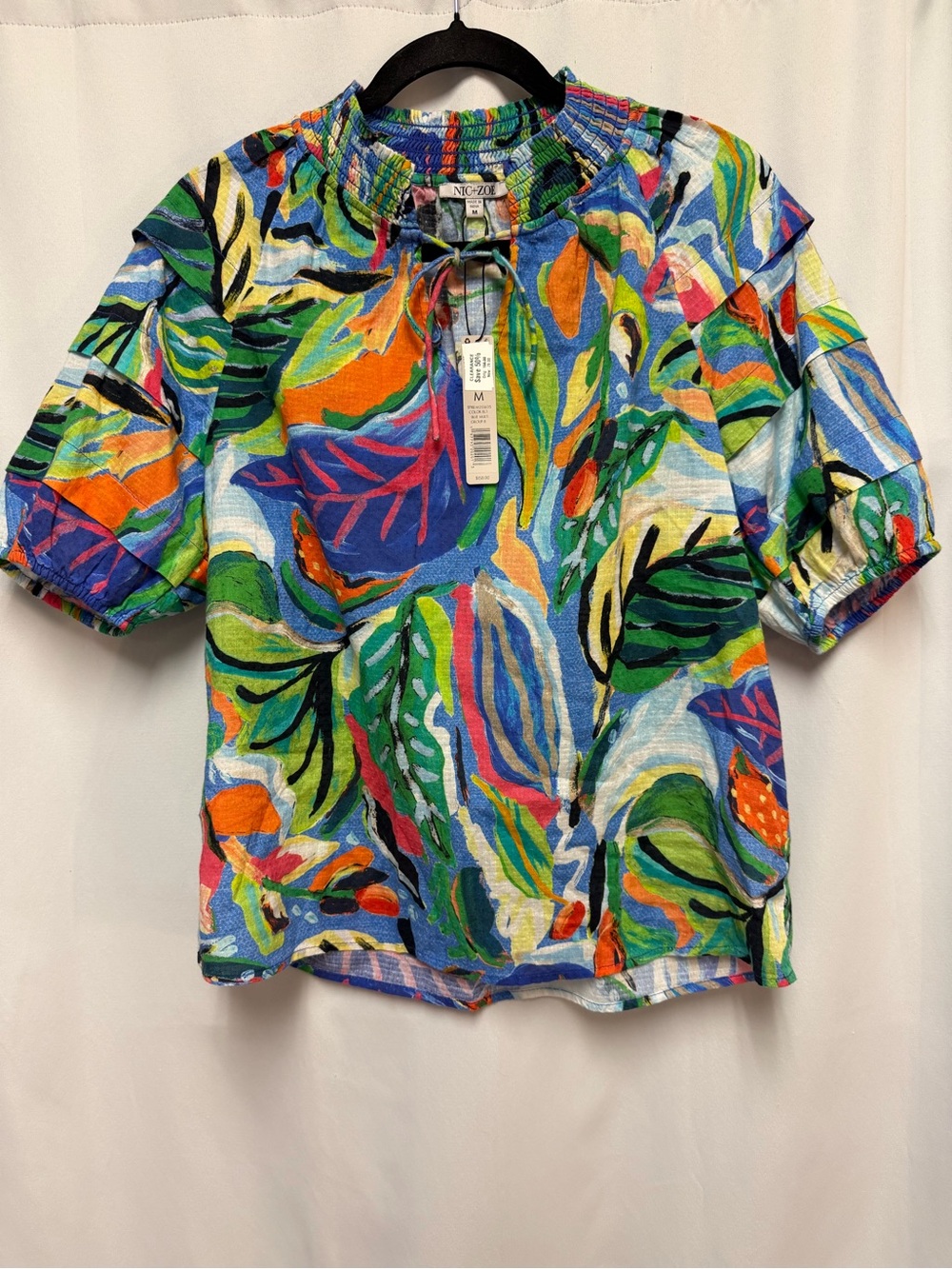 NIC+ZOE Island Beat Smocked Collar Tropical  Multi Print Tie-Neck Top Size M NWT